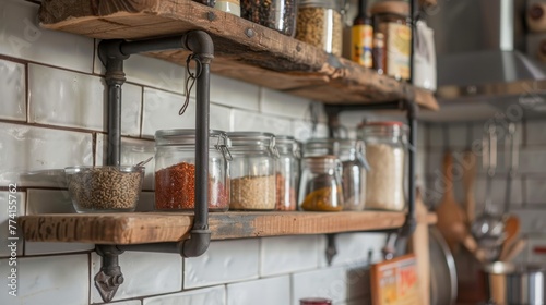 A kitchen scene featuring close-up of hanging shelves, creatively displaying a mix of vintage cookbooks and heirloom spices