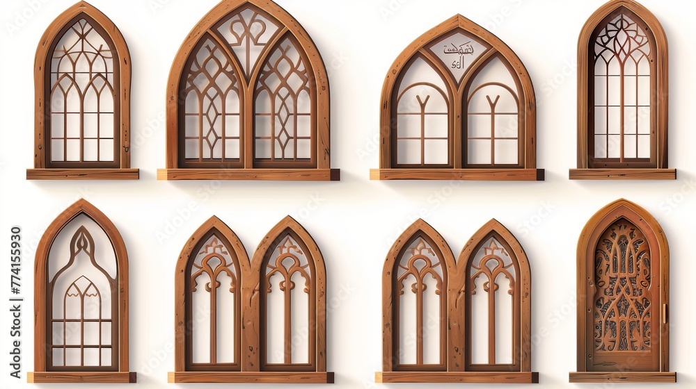 Isolated Ramadan shape windows set on white background. Modern realistic illustration of traditional mosque or arab palace design elements, brown wooden door or gate, middle east architecture.