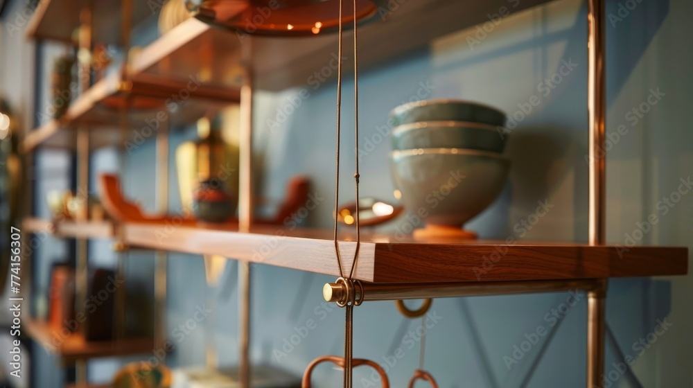 A detailed close-up of artistic hanging shelves in an office, reflecting unique and inspired shelving ideas for stylish organization