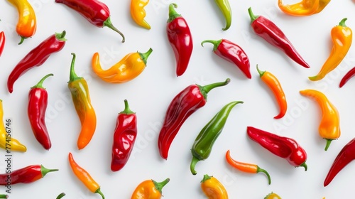 Pattern created with colorful peppers against a pristine white background
