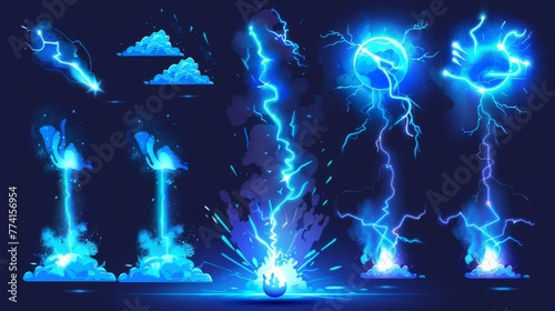 An illustration of a blue thunder bolt with flash and power energy splash hitting the ground or floor with a burst of VFX, along with a light ball and smoke clouds. Cartoon modern illustration set