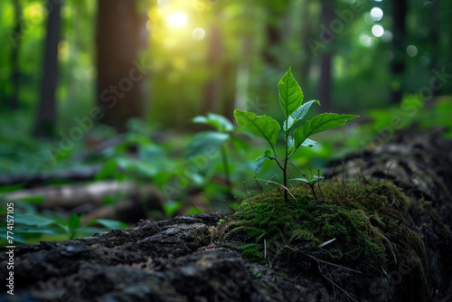 Green forest scene with small plant growing out of log in center creating peaceful natural environment in wilderness