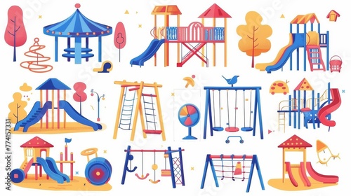 The set of kids outdoor activities equipment for parks, kindergartens, and public playgrounds features carousels, sandpits with toys, and seesaws.