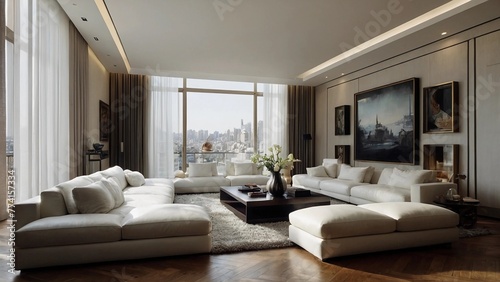 living room interior,A spacious and modern living room with white couches, a large painting, and a stunning view of the city. © Khawar Mukhtiar