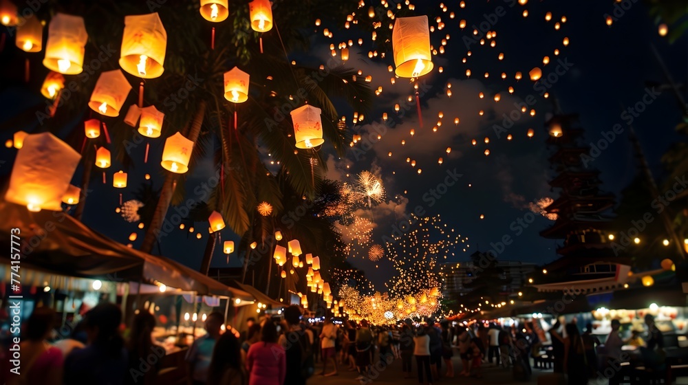 Enchanting Night View of Floating Lanterns Illuminating the Sky During Joyous Songkran Festival in Thailand