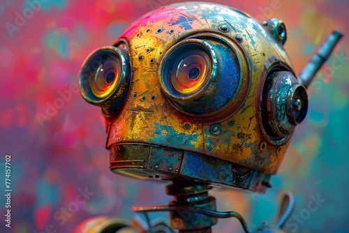 One-eyed robot monster, metallic textures, digital, side angle, vibrant primary colors, cartoonish style