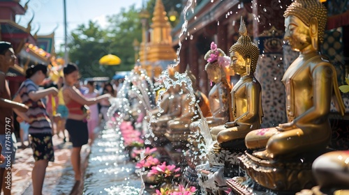 Buddhists Pouring Water Over Buddha Statues for Spiritual Blessing During Songkran Festival in Serene Temple Setting photo
