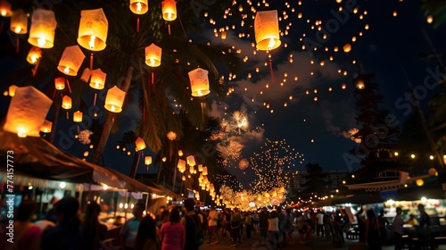 Enchanting Night View of Floating Lanterns Illuminating the Sky During Joyous Songkran Festival in Thailand