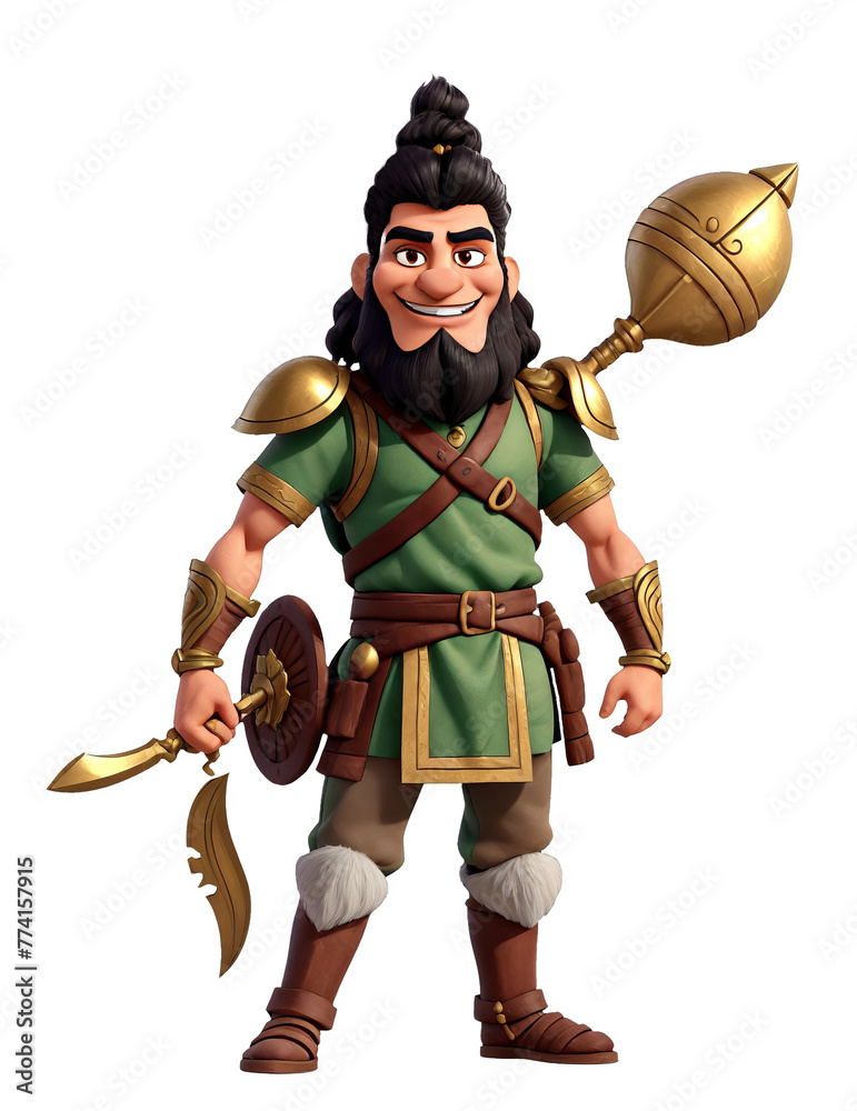 A Persian man with a beard and mustache is holding a golden club and a golden shield. Transparent background A Persian man with a beard and mustache is holding a golden club and a golden shield. Transparent background