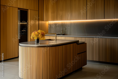 A modern kitchen with wood cabinets and wood slat rounded island and lower cabinets. Gold faucets sit on black marble countertops with a black marble backsplash. photo