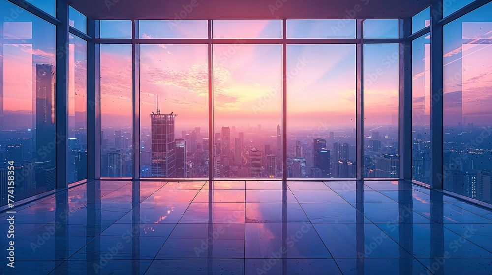 An inviting empty space with a glass wall offering a breathtaking sunset over the urban skyline