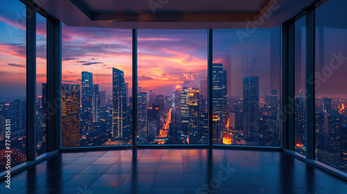 Nighttime cityscape illuminated by city lights as seen through the glass walls of a modern, minimalist room