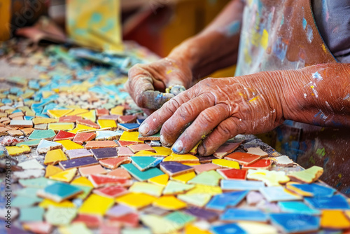 Hands working on colorful mosaic tiles, showing art and craftsmanship