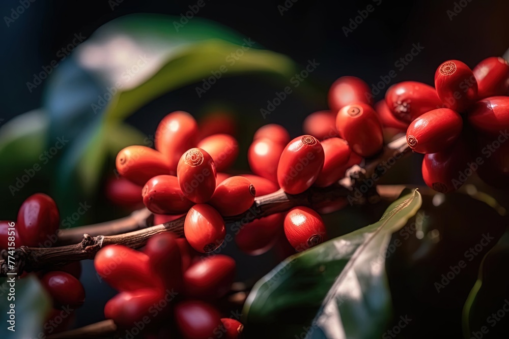 Close-Up of Red and Orange Coffee Beans on a Branch Close-Up of Red and Orange Coffee Beans on a Branch