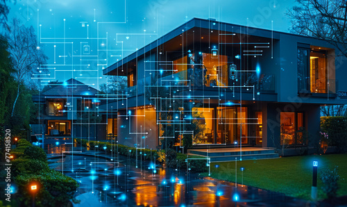 Smart home connected to digital security systems  analyzing data to detect potential threats and suspicious activities  ensuring safety through AI powered monitoring and analytics