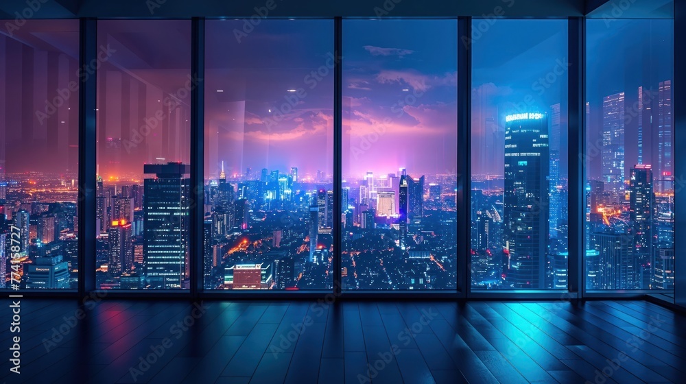 Vibrant dusk cityscape seen through a panoramic window of a high-rise, reflecting the city lights and twilight hues