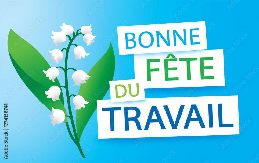 Muguet du 1er Mai - Fête du travail - Carte bleue horizontale - Illustration vectorielle