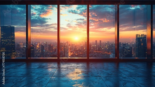 A breathtaking panoramic sunset view over a cityscape as seen through the large windows of a high-rise building