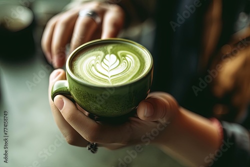 Woman with Rings on the Hands Holding Cup of Green Liquid with Flower Latte Art