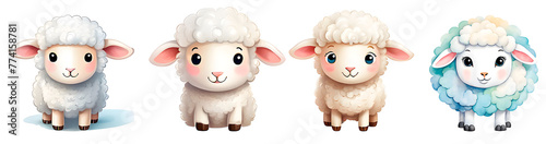 Set of adorable sheep in watercolor painting style isolated on transparent background. In the style of storybook's illustrations. Childish design.  photo