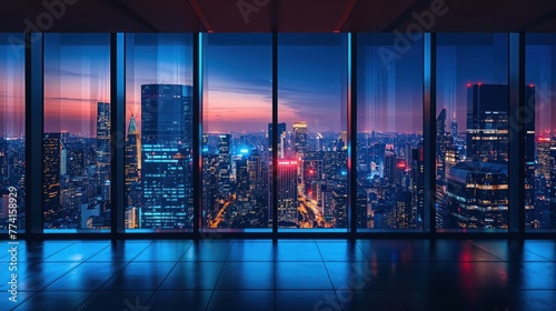 The vibrant cityscape illuminated by countless lights from towering buildings just after sunset, all mirrored in the pristine glass of a high-rise room