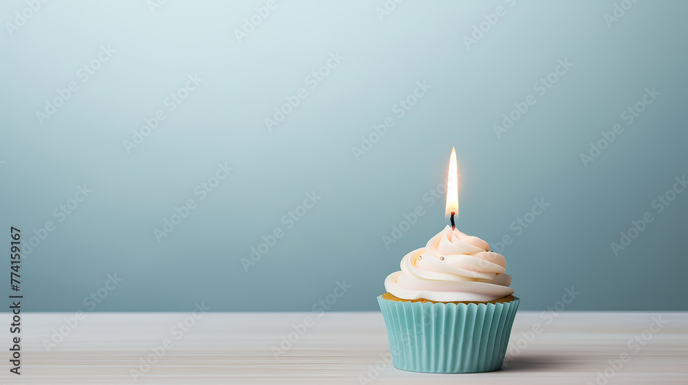 A simple yet elegant birthday cupcake with a single candle, set on a minimalist table, creating a serene scene against a soft, neutral background Ai Generative A simple yet elegant birthday cupcake with a single candle, set on a minimalist table, creating a serene scene against a soft, neutral background Ai Generative
