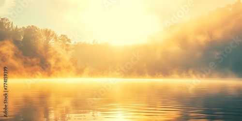 Peaceful lakeside scene at sunrise with mist calm water and golden light inviting early risers to begin their day. Concept Lakeside Sunrise, Morning Mist, Golden Light, Calm Water, Early Riser photo