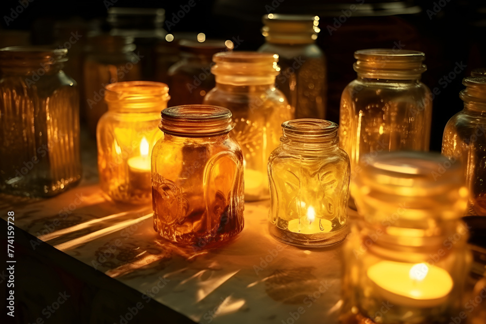 bottles with yellow glow candles on a counter