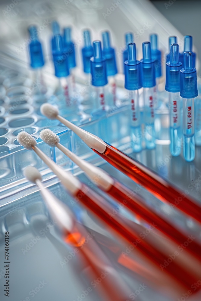 A closeup of a DNA test kit, including swabs and sample containers, used for genetic testing A closeup of a DNA test kit, including swabs and sample containers, used for genetic testing