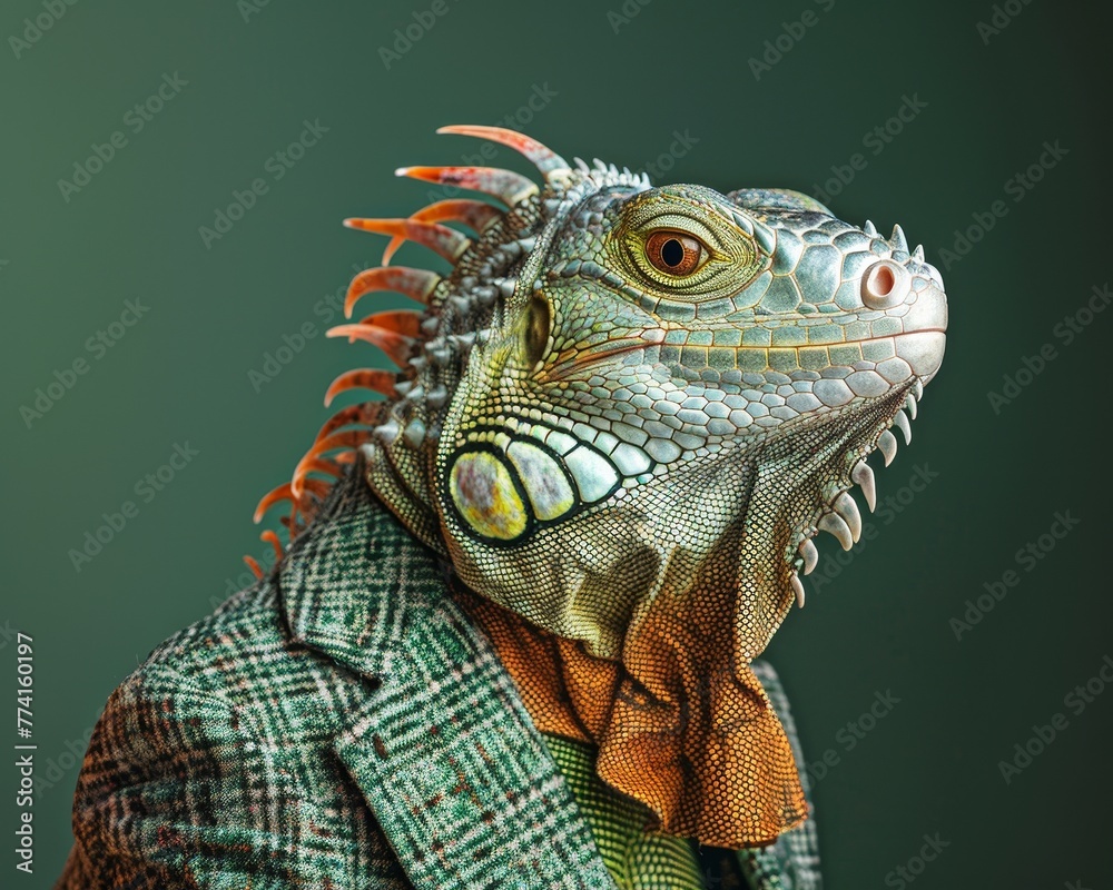 Fototapeta premium An iguana in a green business setting, wearing eco-friendly attire, symbolizing sustainable practices and adaptability