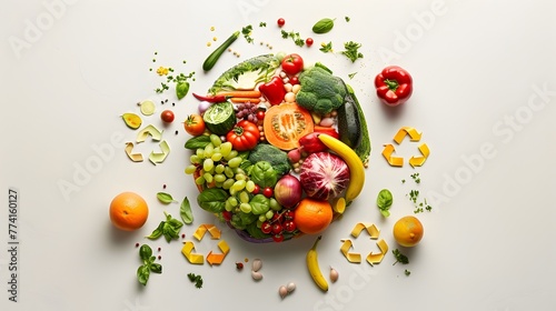 Conceptual Globe of Fruits and Vegetables Encircled by Recycling Symbols,Depicting Global Commitment to Sustainable Nutrition