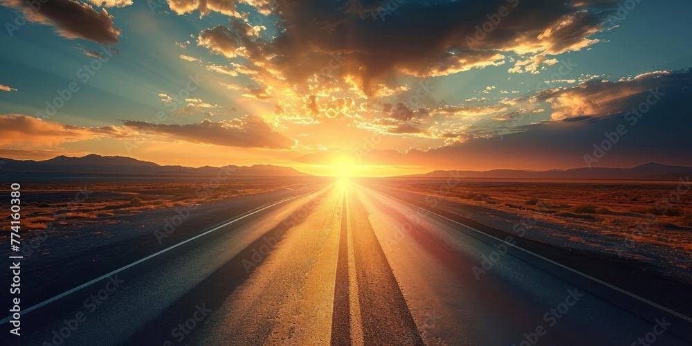 Traveling on a vast deserted highway, heading towards the extraordinary sunlight, Generative AI 