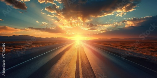 Traveling on a vast deserted highway, heading towards the extraordinary sunlight, Generative AI  photo