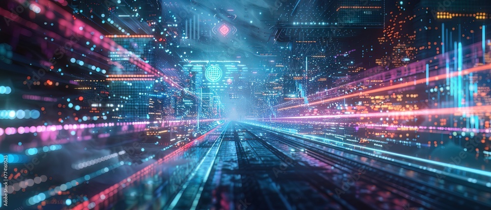 Fototapeta premium Cybernetic stream with ascending indicators, a metaphor for technological progress