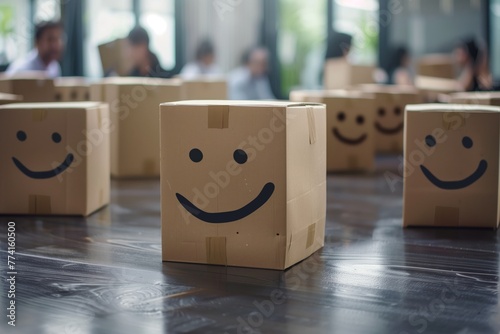 Smiling cardboard boxes with blurred office background photo