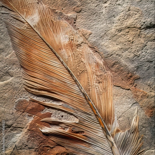 Closeup of a fossilized dinosaur feather, emphasizing the link between dinosaurs and birds, great for evolutionary biology photo