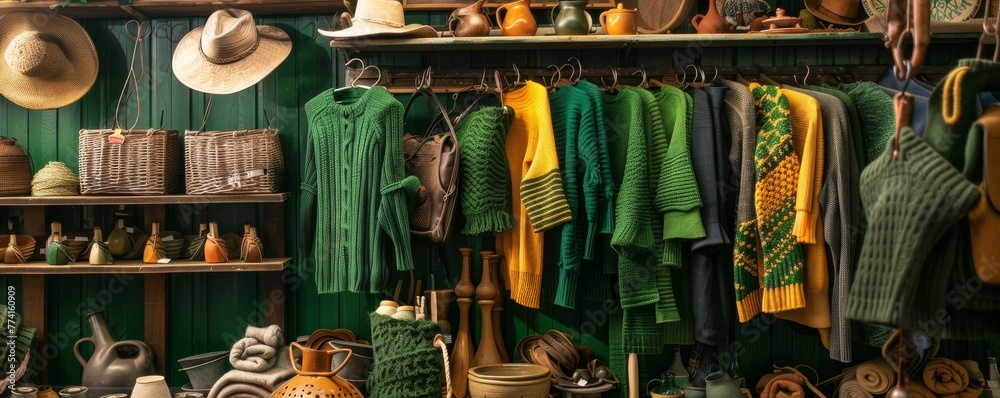 A display of traditional Irish crafts, including knitwear and pottery, for Saint Patrick's Day tourists - obrazy, fototapety, plakaty 