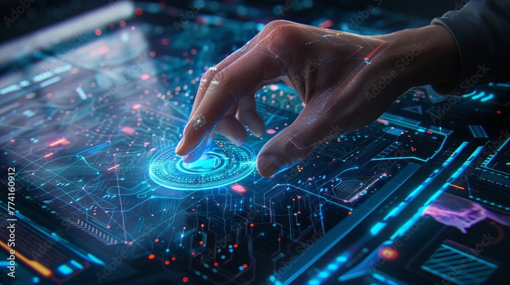 A digital artist's hand interacting with a futuristic touch-screen document interface, showcasing seamless navigation and intuitive controls A digital artist's hand interacting with a futuristic touch-screen document interface, showcasing seamless navigation and intuitive controls