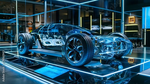 Sleek Electric Vehicle with Transparent Chassis Showcased in Futuristic Showroom