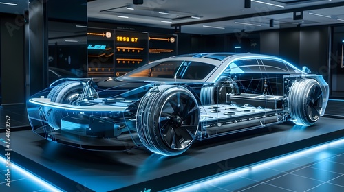 Cutting-Edge Electric Vehicle with Transparent Chassis Showcased in Futuristic Showroom Setting © pkproject
