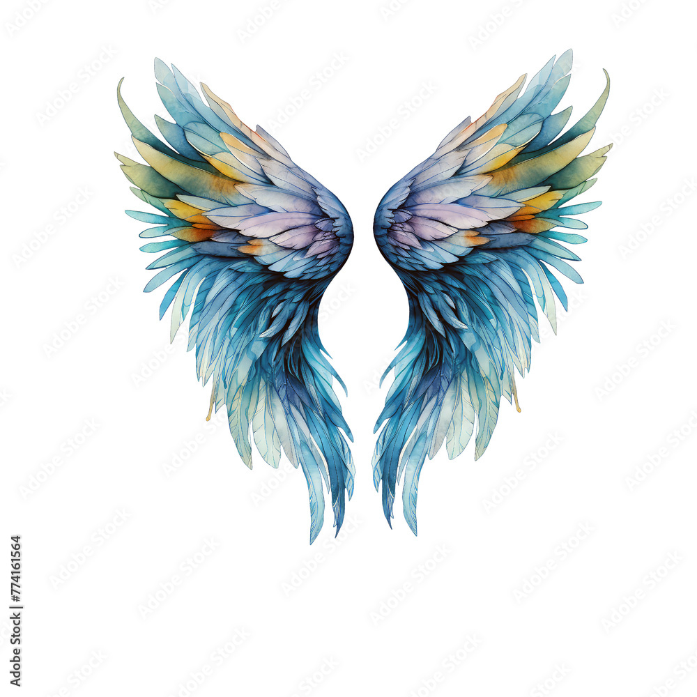 Fototapeta premium Watercolor angels wing Bright colors wings colorful illustration. Feather wings art tribal element