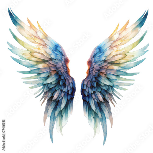 Watercolor angels wing Bright colors wings colorful illustration. Feather wings art tribal element
