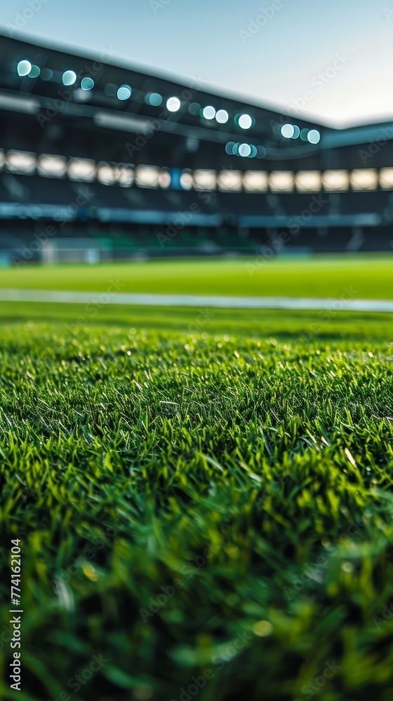 A close-up perspective of the meticulously manicured grass and white yard lines that make up the playing surface of a football field.