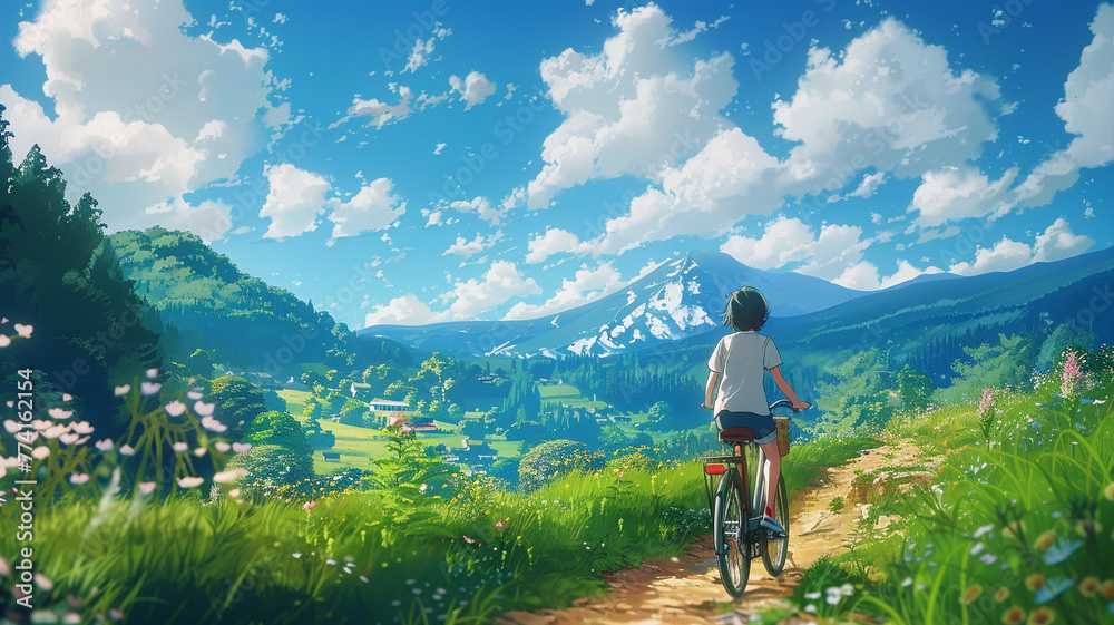 Anime girl riding a bicycle at park in sunny day