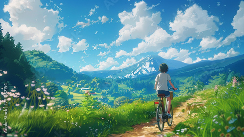 Anime girl riding a bicycle at park in sunny day