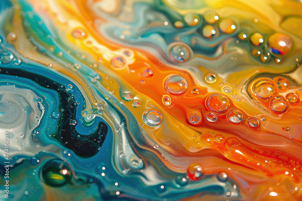 Background of spreading colored liquid with paint bubbles and place for text Background of spreading colored liquid with paint bubbles and place for text
