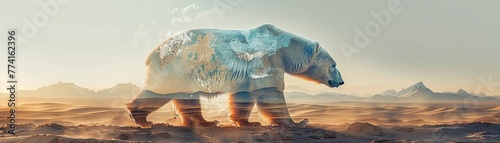 Polar bear silhouette filled with desert landscape, double exposure, digital art, seamless blend, stark contrast between ice blue and warm sand tones, surreal juxtaposition, wide angle