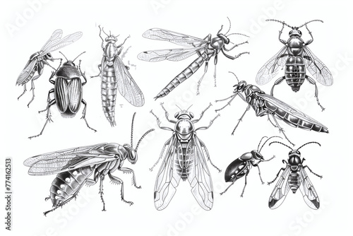 Hand drawn black and white drawing of flying insects on a white sheet, silhouettes of insects with wings