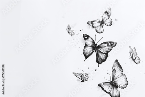 Pencil black and white drawing of flying butterflies on a white sheet