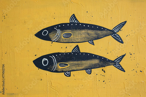 Hand drawn sardine fish on yellow background and empty space for text, design for canned food